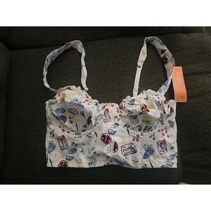 Colsie Medium Crop Top Bralette White Food Print Adjustable Straps Lingerie